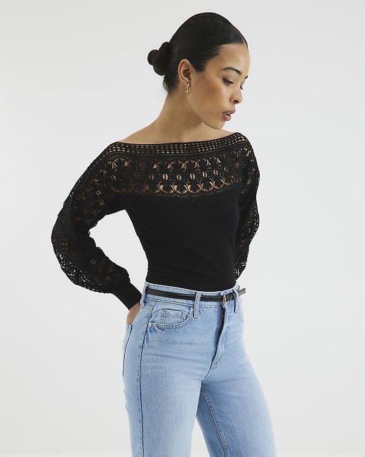 River Island Black Jumper Hybrid Lace Knit Viscose