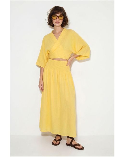 Bianco Lucci Yellow Cotton Two-Piece Blouse And Midi Skirt Set
