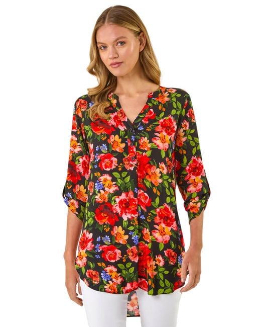 Roman Red Floral Longline Button Top