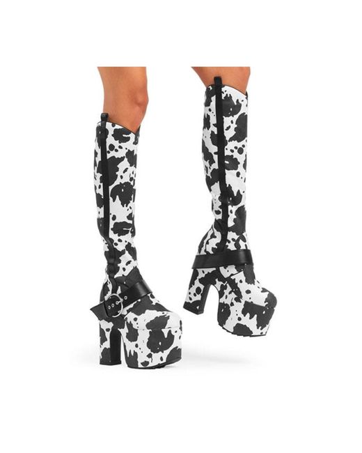 Lamoda White Kneehighboots Rhinestone Cowboy Pointed Toe Platform Heel W/ Zip,Cowprint