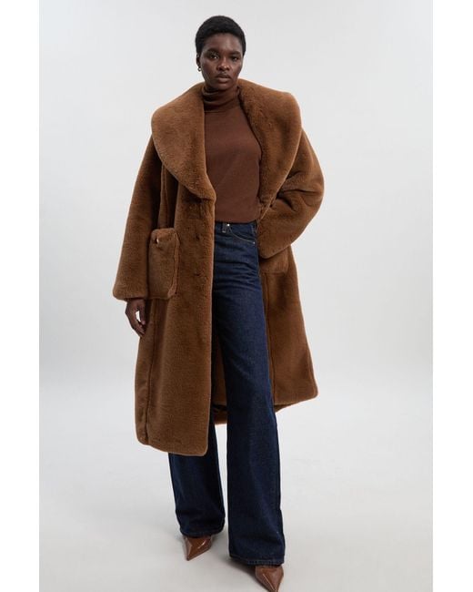 Karen Millen Brown Petite Faux Fur Buttoned Midi Coat