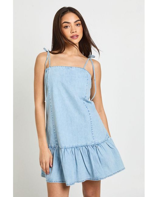 Boohoo Blue Strappy Dropped Hem Denim Mini Dress