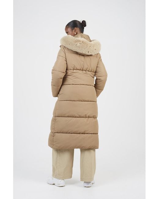 Brave Soul Natural Maxi Hooded Padded Jacket With Detachable Faux Fur Trim Cotton