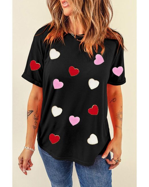 Azura Exchange Zwarte Valentijns Chenille Hart Geprinte Crewneck T-shirt in het Black