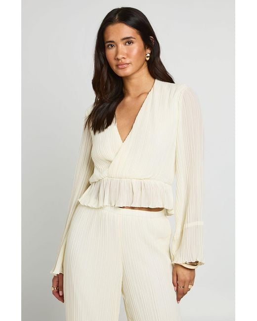 Boohoo Natural Pleated Wrap Peplum Blouse