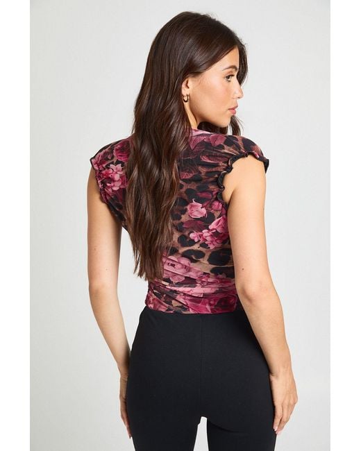 Boohoo Red Animal Floral Mesh Ruched Neckline Bodysuit