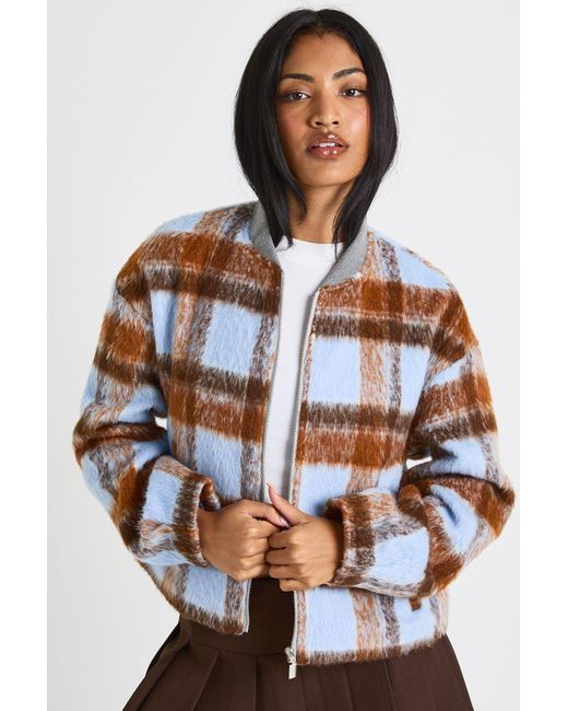 Boohoo Blue Check Wool Look Bomber Jacket