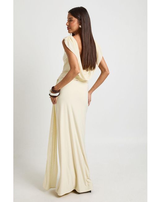 Boohoo Natural Slinky Maxi Skirt With Mesh Drape
