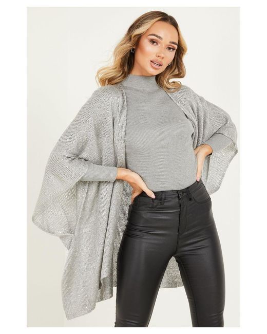 Quiz Gray Silver Knitted Sequin Cape