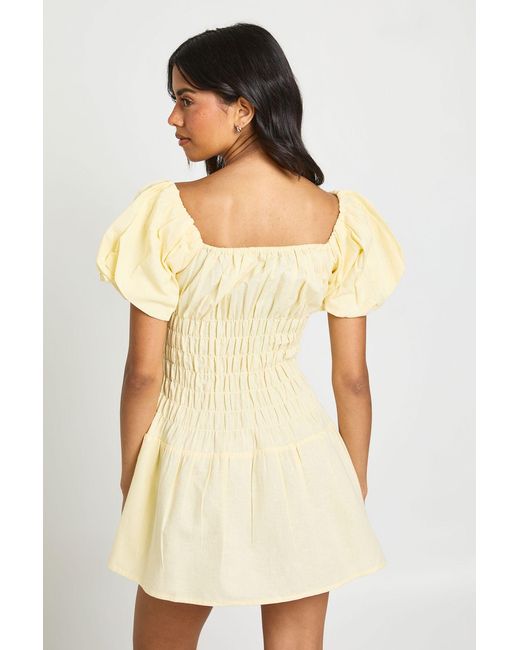 Boohoo Natural Linen Look Puff Sleeve Shirred Mini Dress