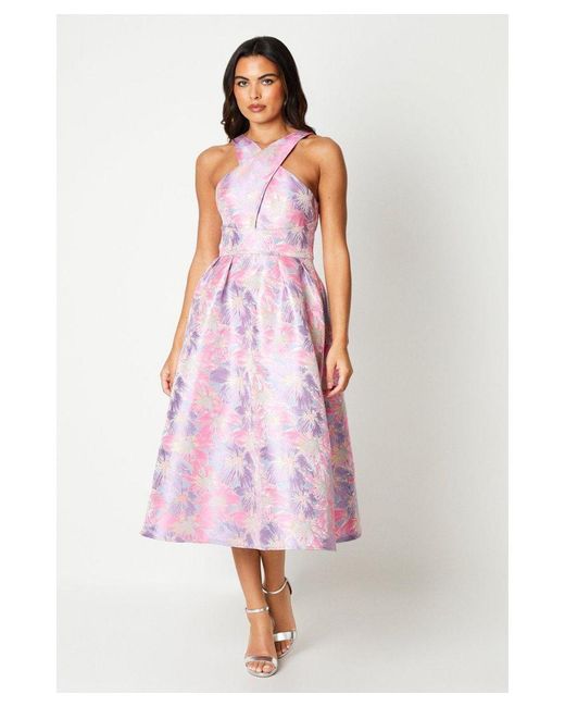 Coast Pink Cross Front Jacquard Midi Dress