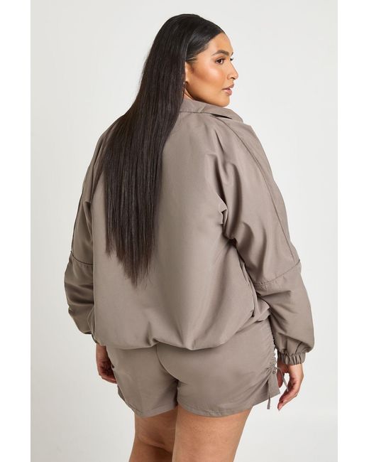 Boohoo Gray Plus Funnel Zip Up Nylon Track Jacket Short Set