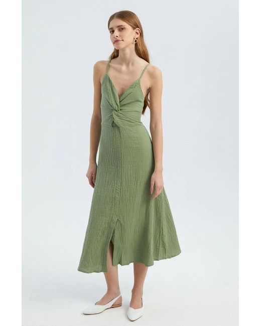 Hiccup Green V Neck Sleeveless Midi Dress With A Side Slit