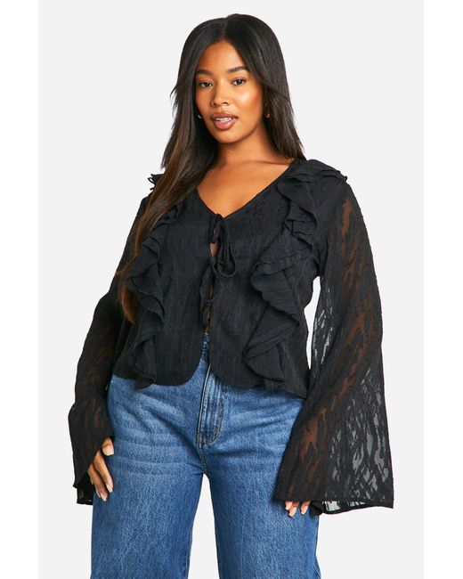 Boohoo Black Plus Burnout Animal Tie Front Ruffle Blouse