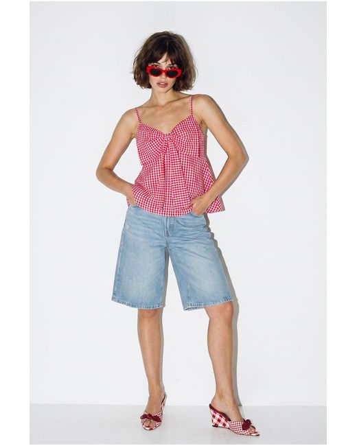 Bianco Lucci Red Cotton-Blend V-Neck Cami Blouse With Bow Detail