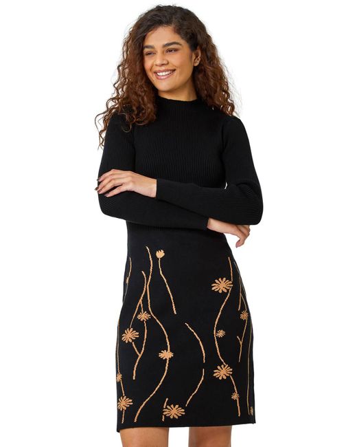 Roman Black Ribbed Knit Floral Stretch Dress