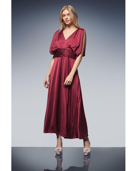Oasis Red Hotfix Detail Ruched Bodice V Neck Midi Dress