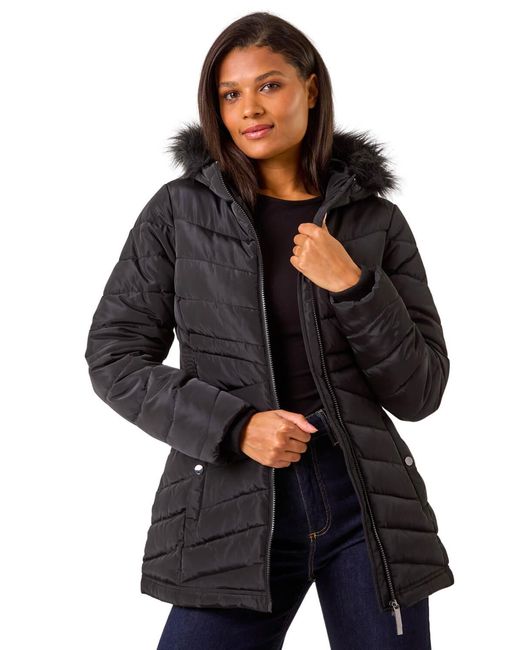 Roman Black Faux Fur Hooded Quilt Coat