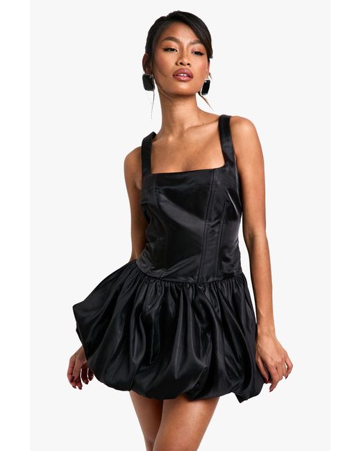 Boohoo Black Taffeta Bubble Hem Lace Up Mini Dress