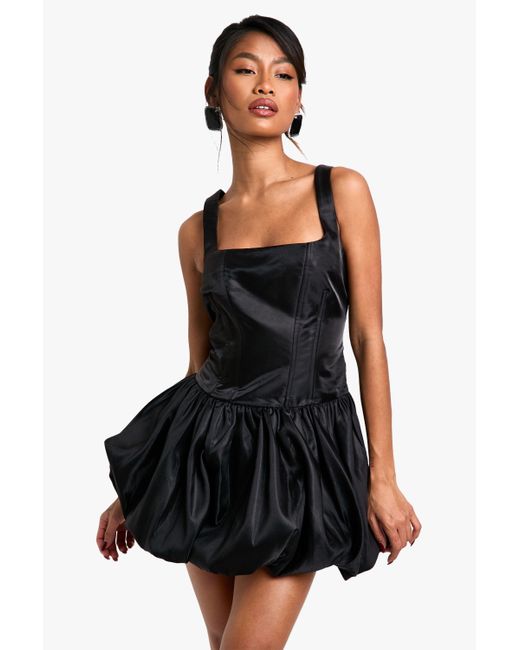 Boohoo Black Taffeta Bubble Hem Lace Up Mini Dress
