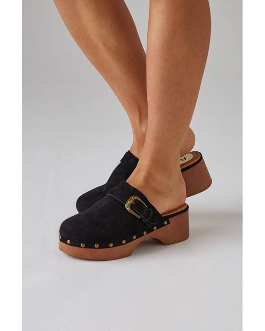 Faith Black Vivara Faux Suede Western Buckle Closed Toe Clog Mules