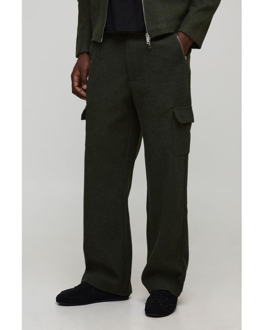 BoohooMAN Black Relaxed Fit Wool Look Fixed Waistband Pants for men