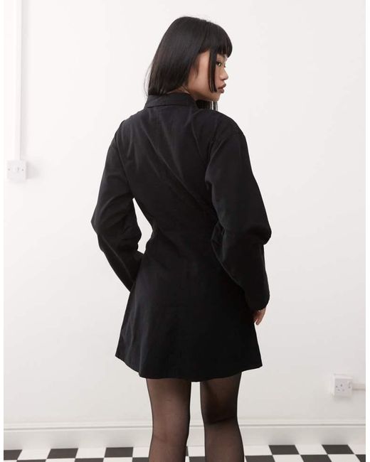 Collusion Black Twill Mini Shirt Dress With Sculpted Sleeve