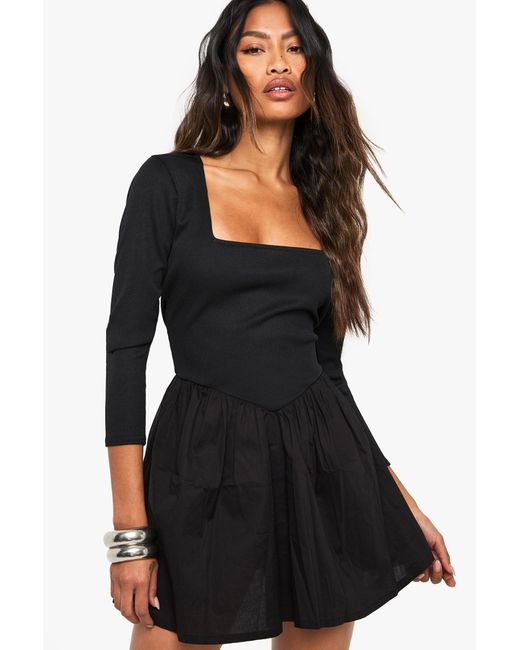 Boohoo Black Jersey Rib Cotton Mix Long Sleeve Mini Dress