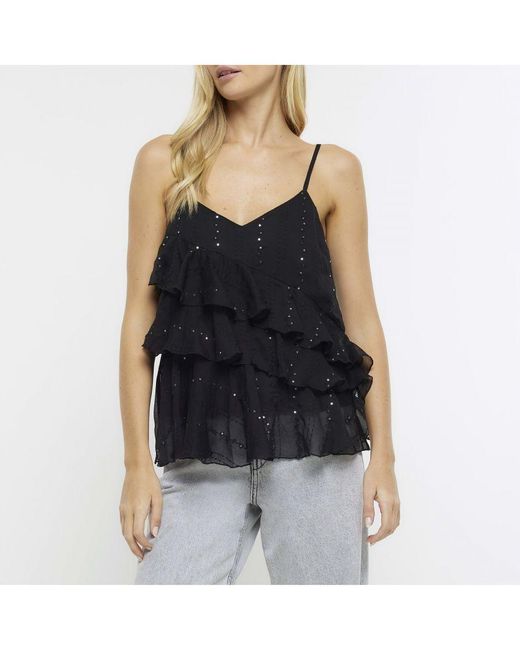 River Island Blue Cami Top Sequin Detail Frill