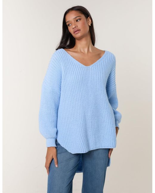 Blue Vanilla Blue V Neck Chunky Jumper