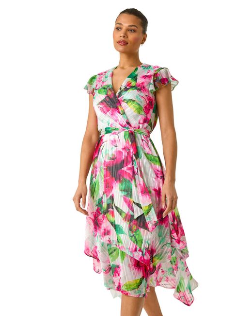 Roman White Floral Ruffle Tie Waist Midi Dress
