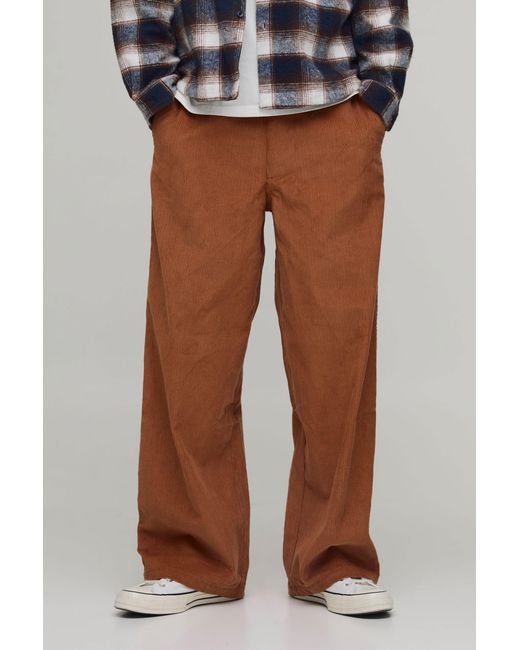 BoohooMAN Brown Baggy Cord Woven Tab Trousers for men
