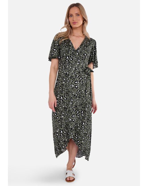 Gini London Green Animal Print Viscose Wrap Midi Dress