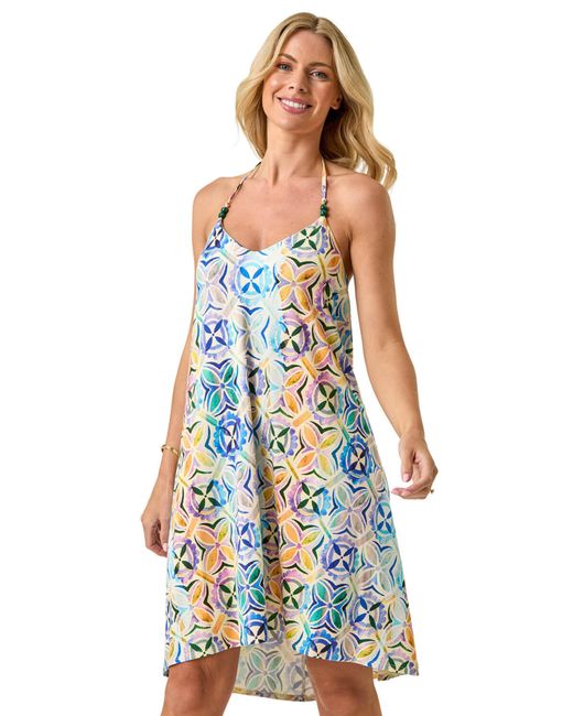 Roman White Petite Abstract Halter Neck Stretch Dress