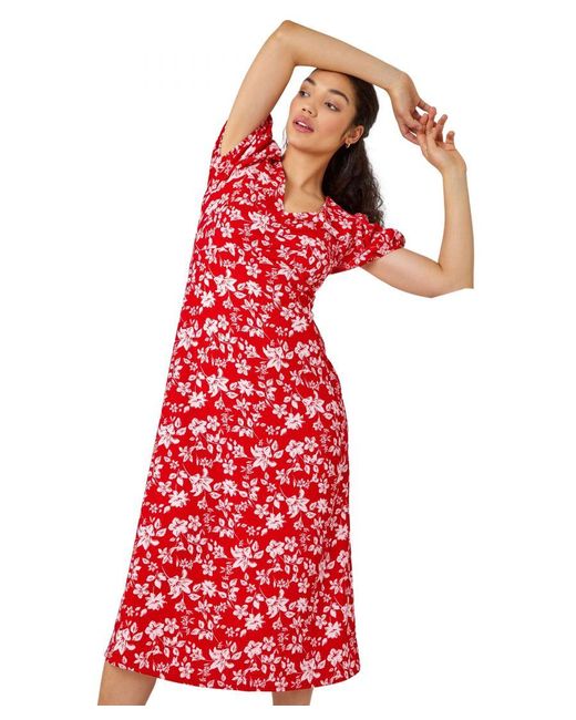 D.u.s.k Red Ditsy Floral Print Lace Back Midi Dress