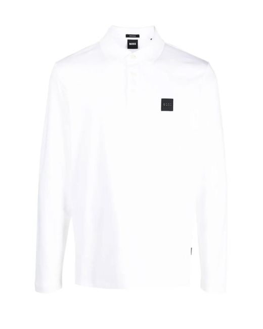 Boss White Pado 08 Long Sleeved Polo Shirt Cotton for men