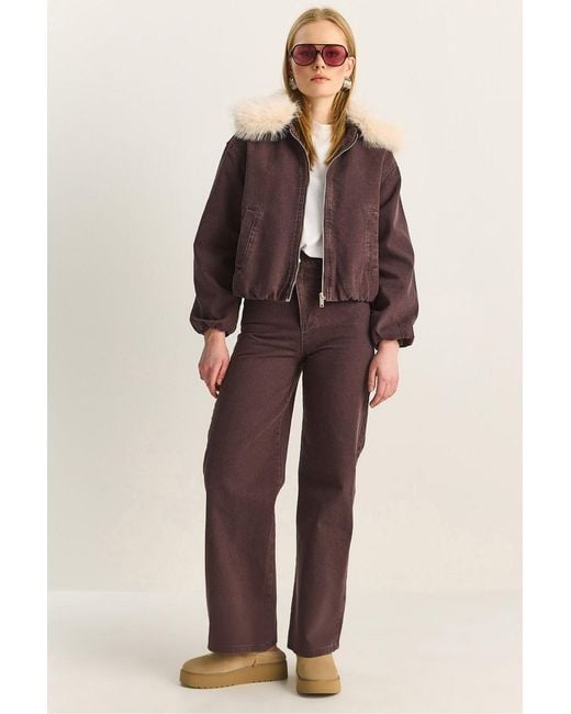Bianco Lucci Brown Crop Denim Jacket With Faux Fur Detail