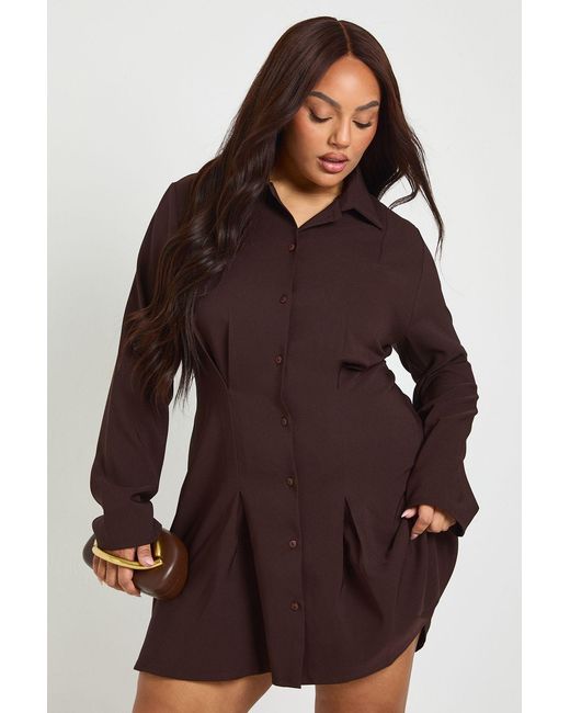 Boohoo Brown Plus Shoulder Pad Pleated Skirt Shirt Dress