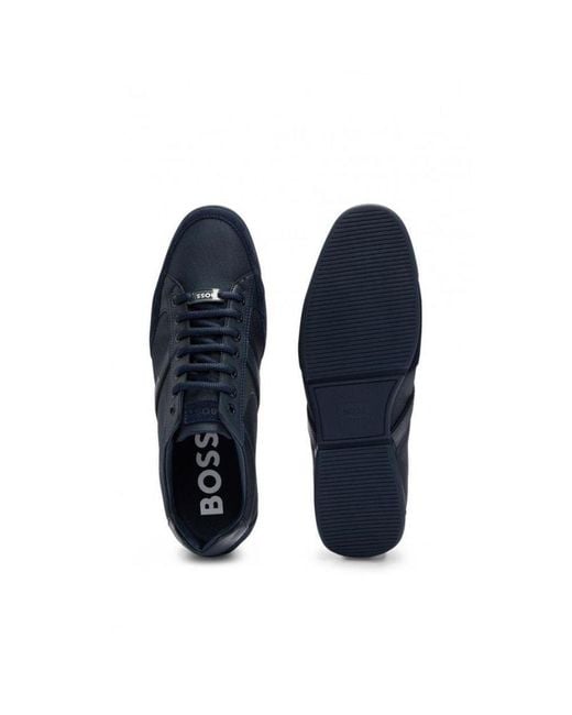 Boss Blue Saturn Low Profile Mixed Material Trainers With Suede And Faux Leather for men