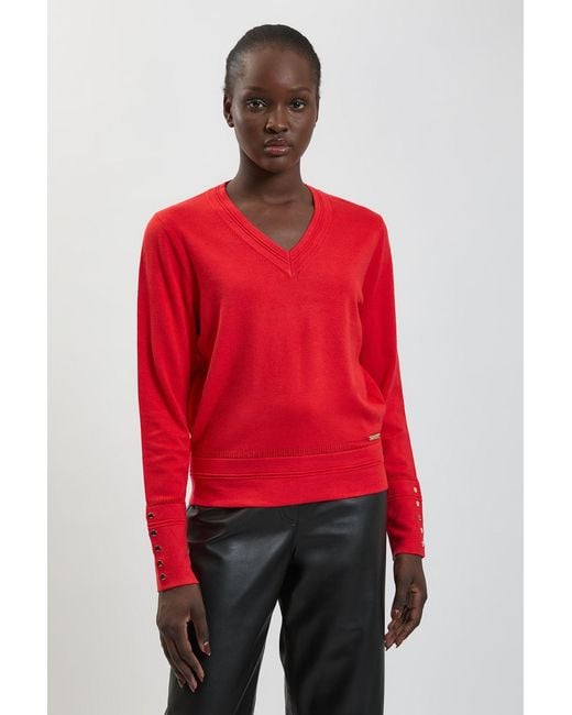 Karen Millen Red Forever Viscose Blend Knitted Stitch Detail V Neck Long Sleeve Jumper