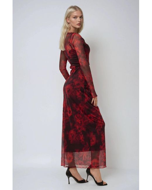Hiccup Red Floral Print Bodycon Maxi Mesh Dress