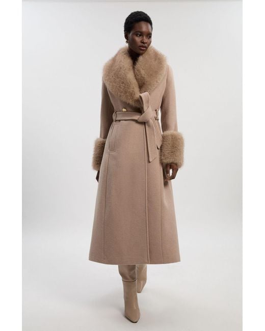 Karen Millen Natural Wool Blend Detachable Faux Fur Belted Midi Coat