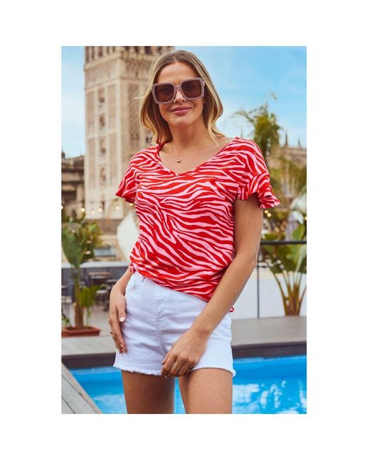 Sosandar Red Zebra Print Ruffle Sleeve Jersey T- Shirt