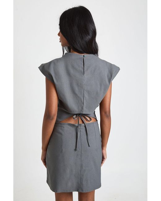 Boohoo Gray Pinstripe Ruched High Neck Cap Sleeve Shift Dress