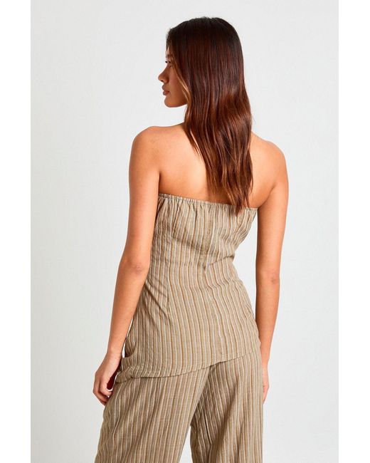 Boohoo Brown Bandeau Linen Look Stripe Asymmetric Hem Top