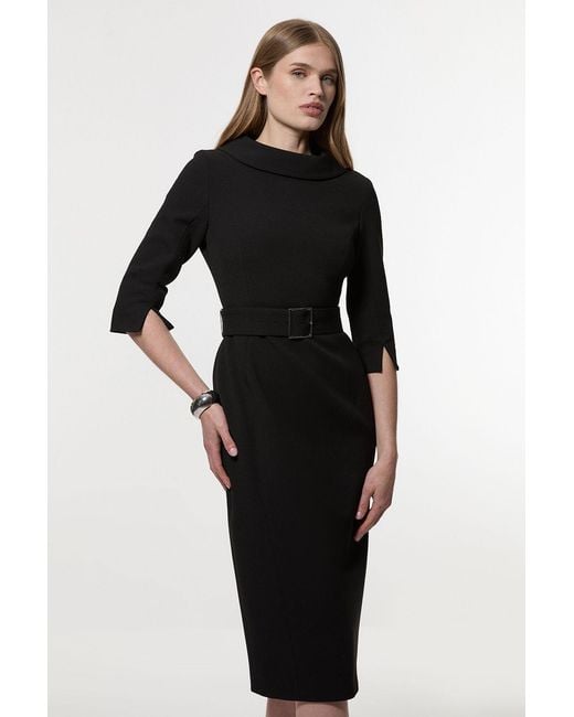 Karen Millen Black Tailored Structured Crepe Roll Neck Pencil Midi Dress