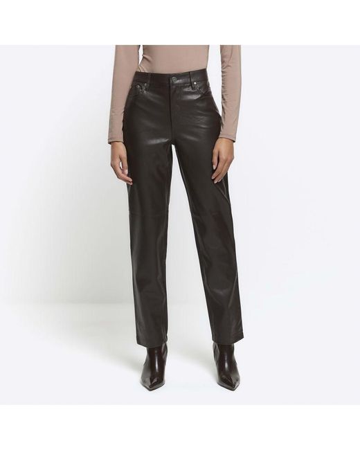 River Island Gray Straight Trousers Faux Leather Pu