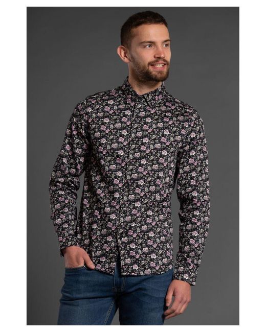 Nines Gray Cotton Floral Print Long Sleeve Shirt for men