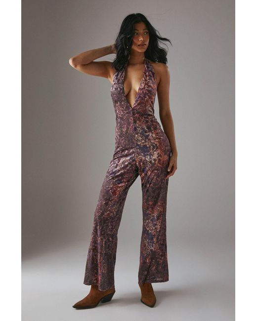 Warehouse Brown Hcd Paisley Devore Plunge Neck Halter Jumpsuit