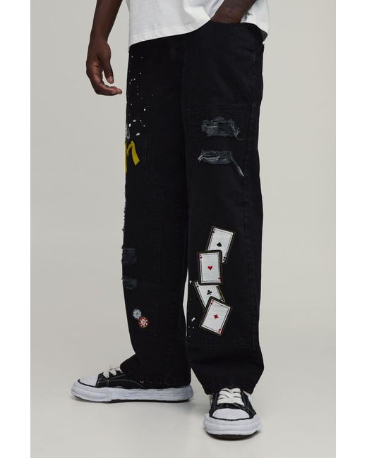 BoohooMAN Black Casino Embroidered Ripped Carpenter Jeans for men